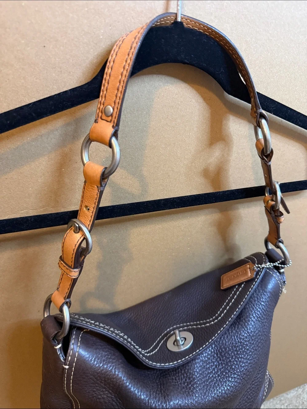 Coach Brown Pebbled Chelsea Leather Shoulder Bag with Contrast Stitching
